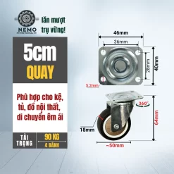 Bánh xe TPR nội thất mặt bích, có ổ bi banh xe tpr noi that 5cm - Cơ Khí Nemo