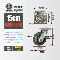 Bánh xe TPR bo tròn tải nặng, càng 5.5 ly 15cm quay - Cơ Khí Nemo
