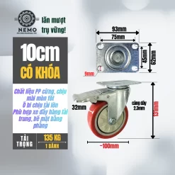 Bánh xe TPU đỏ tải nhẹ mặt bích banh xe pp do 10cm khoa - Cơ Khí Nemo