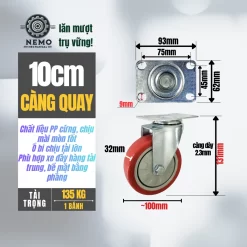 Bánh xe TPU đỏ tải nhẹ mặt bích banh xe pp do 10cm quay - Cơ Khí Nemo