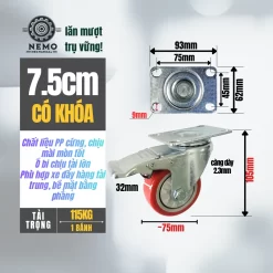 Bánh xe TPU đỏ tải nhẹ mặt bích banh xe pp do 7.5cm khoa - Cơ Khí Nemo