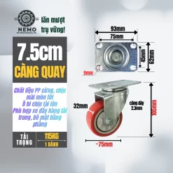Bánh xe TPU đỏ tải nhẹ mặt bích banh xe pp do 7.5cm quay - Cơ Khí Nemo