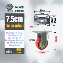 Bánh xe TPU đỏ tải nhẹ mặt bích banh xe pp do 7.5cm tinh - Cơ Khí Nemo