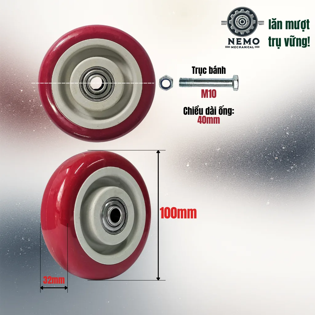 Bánh xe rời PVC đỏ mận, không càng (có bạc đạn) banh roi do man 10cm - Cơ Khí Nemo