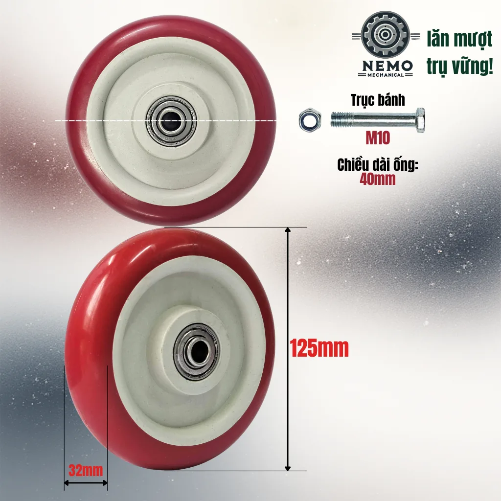 Bánh xe rời PVC đỏ mận, không càng (có bạc đạn) banh roi do man 12.5cm - Cơ Khí Nemo
