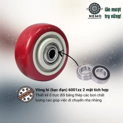 Bánh xe rời PVC đỏ mận, không càng (có bạc đạn) banh roi do man - Cơ Khí Nemo (chi tiết 2)