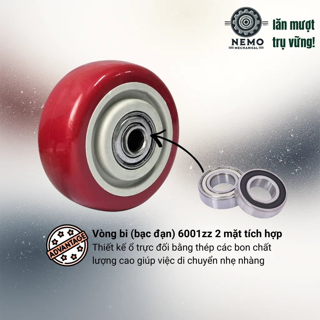Bánh xe rời PVC đỏ mận, không càng (có bạc đạn) banh roi do man - Cơ Khí Nemo (chi tiết 2)