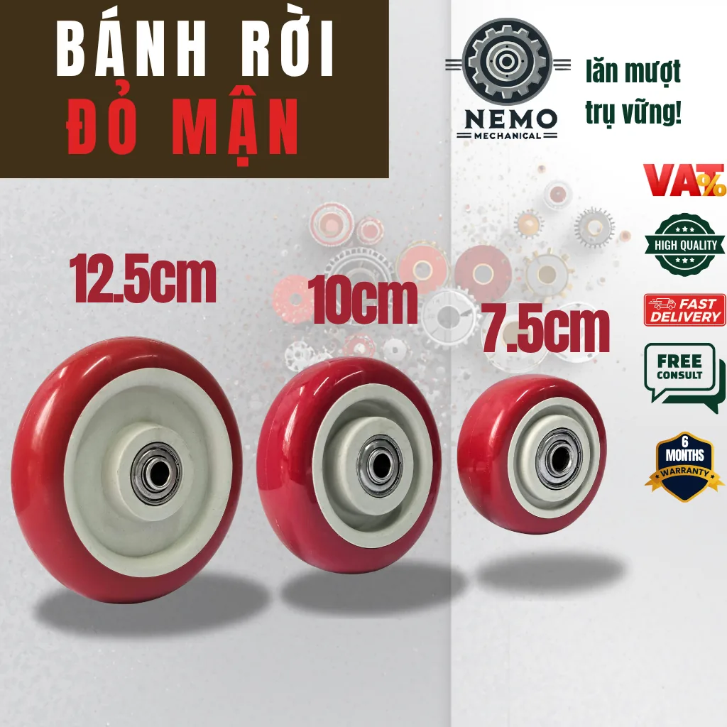 Bánh xe rời PVC đỏ mận, không càng (có bạc đạn) - Cơ Khí Nemo