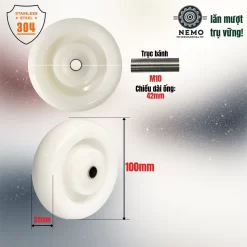 Bánh xe rời PP trắng, trục Inox 304, không càng banh roi pp inox304 10cm - Cơ Khí Nemo