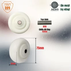 Bánh xe rời PP trắng, trục Inox 304, không càng banh roi pp inox304 7.5cm - Cơ Khí Nemo