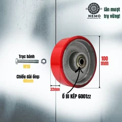 Bánh xe rời PU cốt sắt tải nhẹ, không càng (có bạc đạn) banh roi pu cot sat tai nhe 10cm - Cơ Khí Nemo