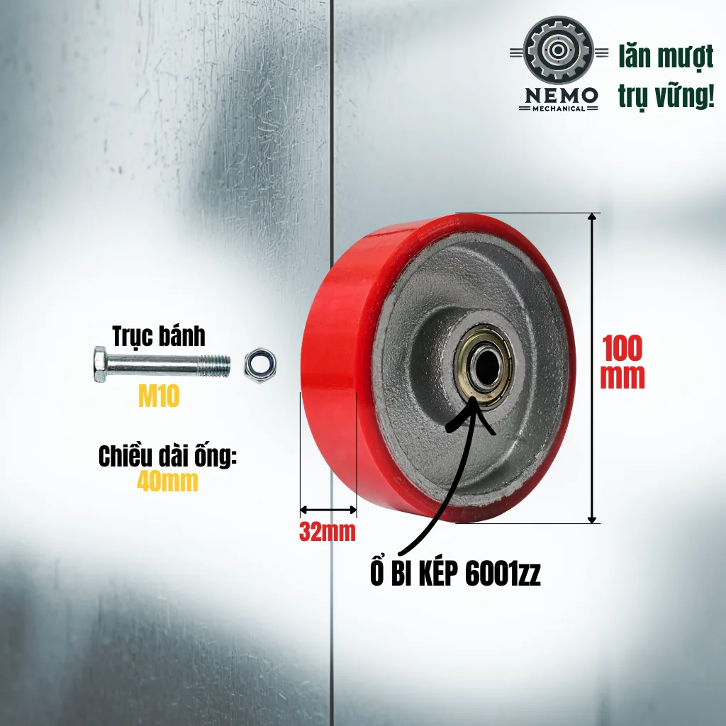 Bánh xe rời PU cốt sắt tải nhẹ, không càng (có bạc đạn) banh roi pu cot sat tai nhe 10cm - Cơ Khí Nemo