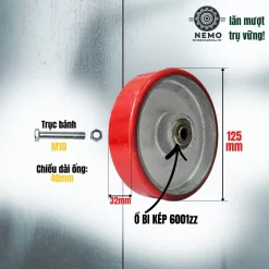 Bánh xe rời PU cốt sắt tải nhẹ, không càng (có bạc đạn) banh roi pu cot sat tai nhe 12.5cm - Cơ Khí Nemo