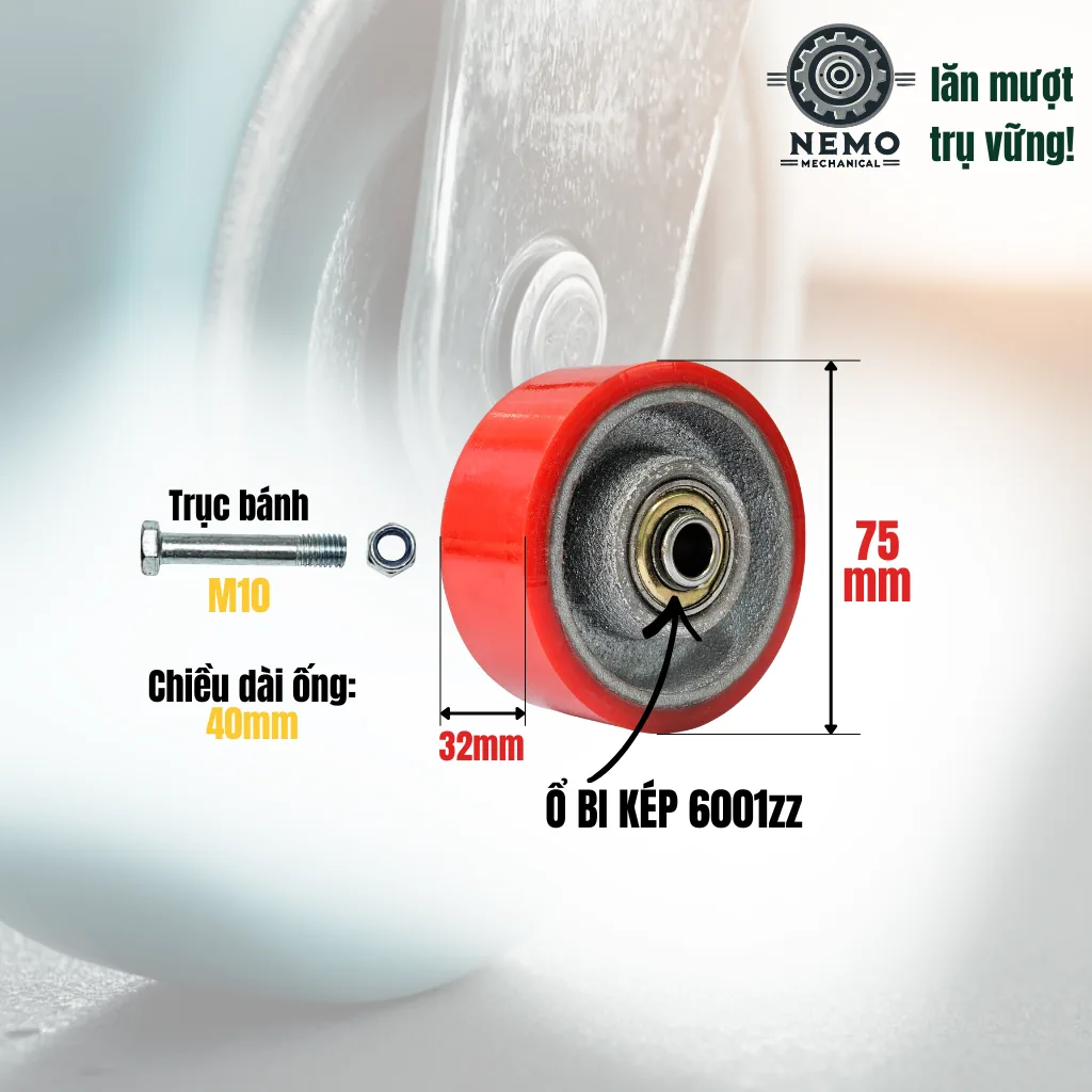 Bánh xe rời PU cốt sắt tải nhẹ, không càng (có bạc đạn) banh roi pu cot sat tai nhe 7.5cm - Cơ Khí Nemo