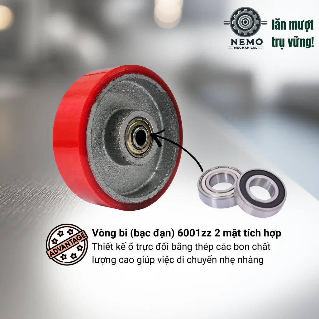Bánh xe rời PU cốt sắt tải nhẹ, không càng (có bạc đạn) banh roi pu cot sat tai nhe o bi - Cơ Khí Nemo