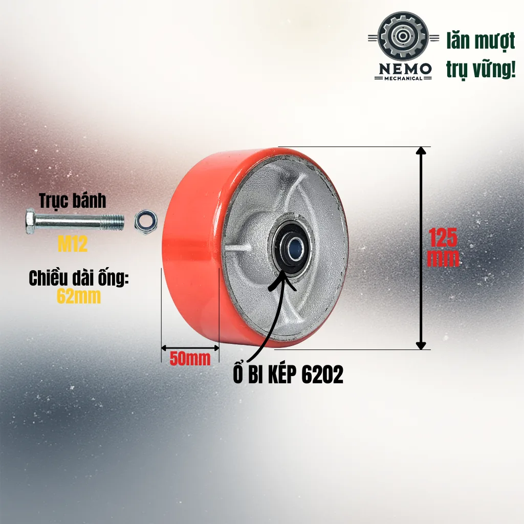 Bánh xe rời PU cốt sắt tải nặng 20cm, không càng banh roi pu cot sat tai nang 12.5cm - Cơ Khí Nemo