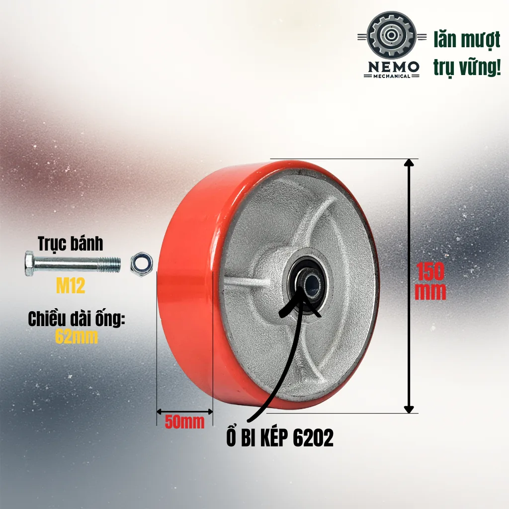 Bánh xe rời PU cốt sắt tải nặng 20cm, không càng banh roi pu cot sat tai nang 15cm - Cơ Khí Nemo