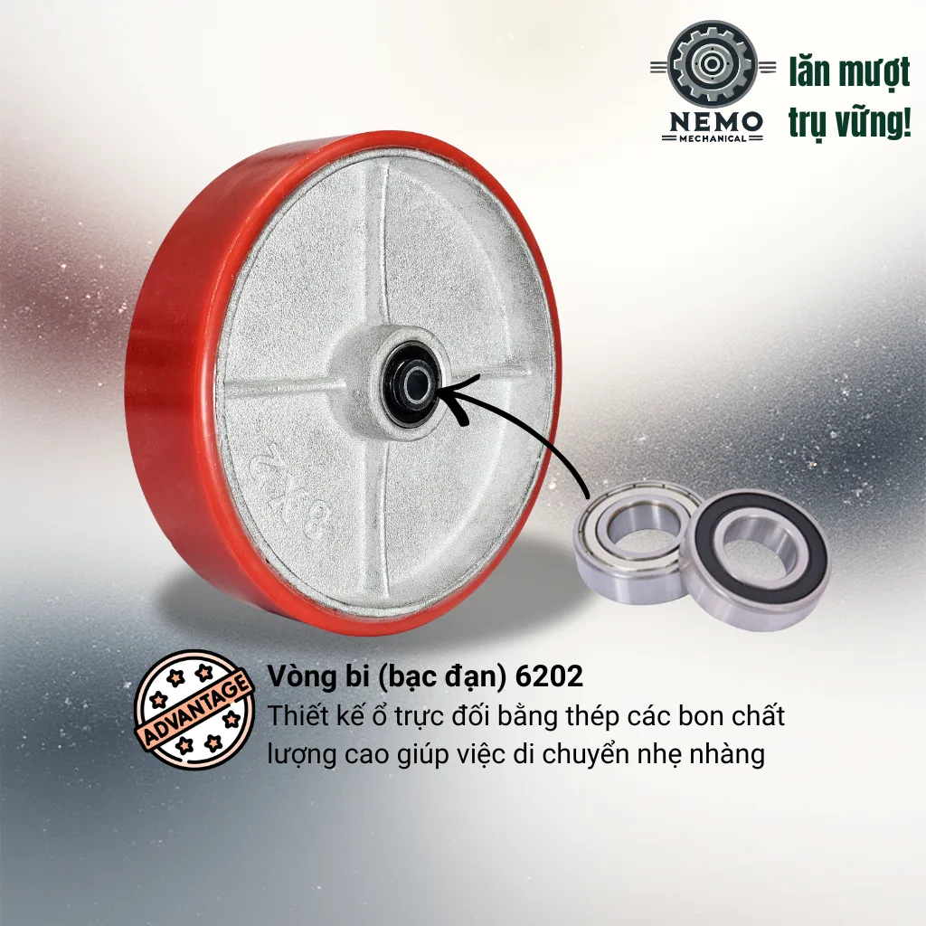 Bánh xe rời PU cốt sắt tải nặng 20cm, không càng banh roi pu cot sat tai nang o bi - Cơ Khí Nemo