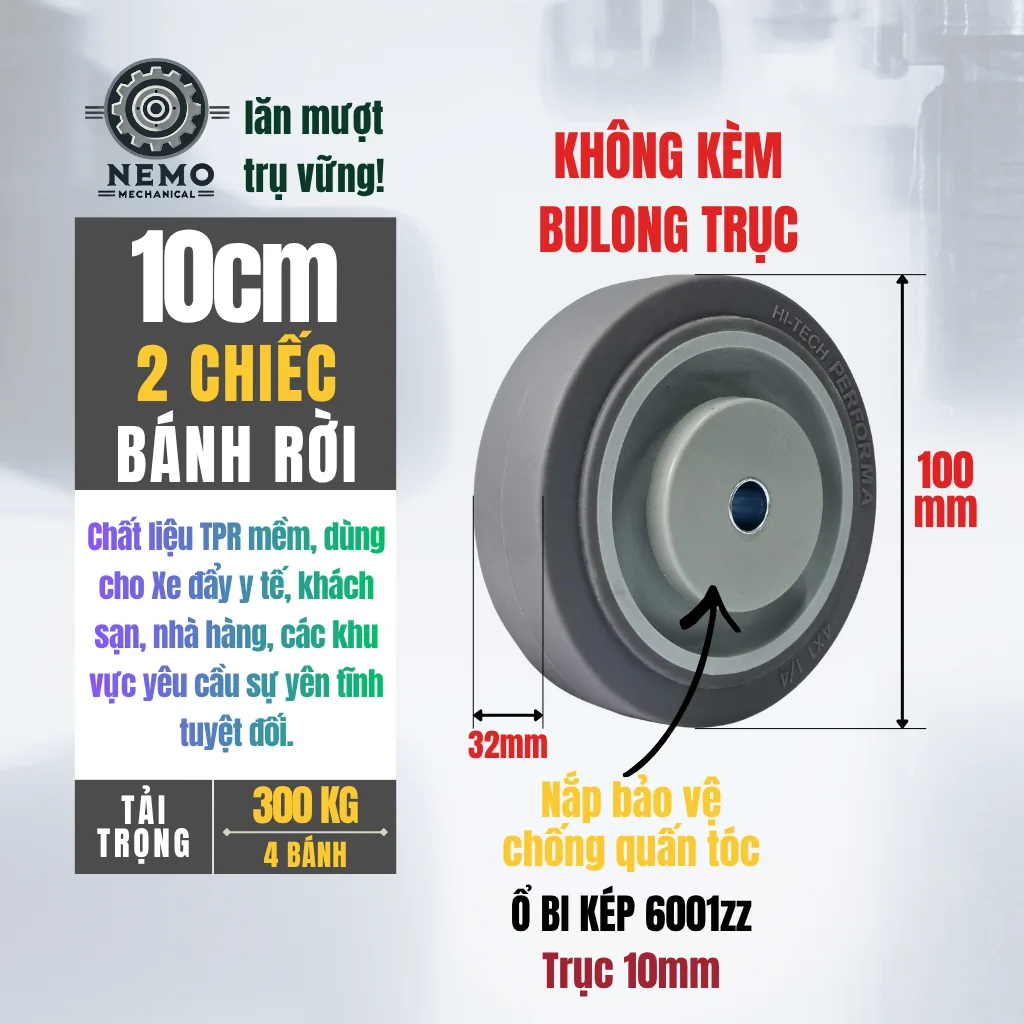 Bánh xe rời TPR xám mặt phẳng, không càng (có bạc đạn) banh roi tpr phang 10cm - Cơ Khí Nemo