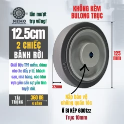 Bánh xe rời TPR xám mặt phẳng, không càng (có bạc đạn) banh roi tpr phang 12.5cm - Cơ Khí Nemo