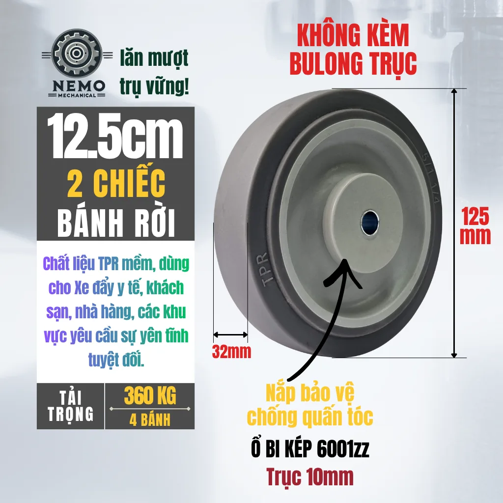 Bánh xe rời TPR xám mặt phẳng, không càng (có bạc đạn) banh roi tpr phang 12.5cm - Cơ Khí Nemo