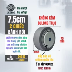 Bánh xe rời TPR xám mặt phẳng, không càng (có bạc đạn) banh roi tpr phang 7.5cm - Cơ Khí Nemo