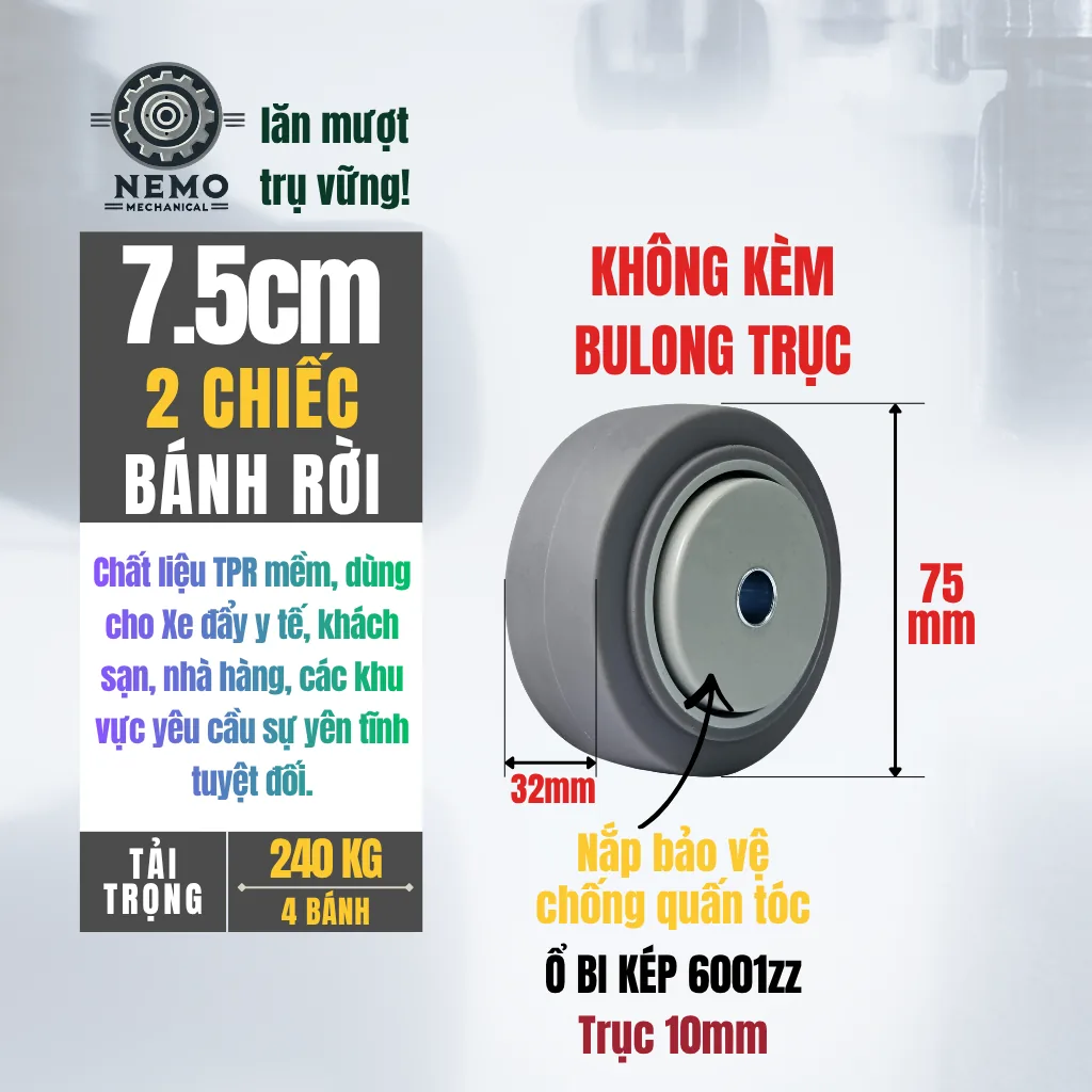 Bánh xe rời TPR xám mặt phẳng, không càng (có bạc đạn) banh roi tpr phang 7.5cm - Cơ Khí Nemo
