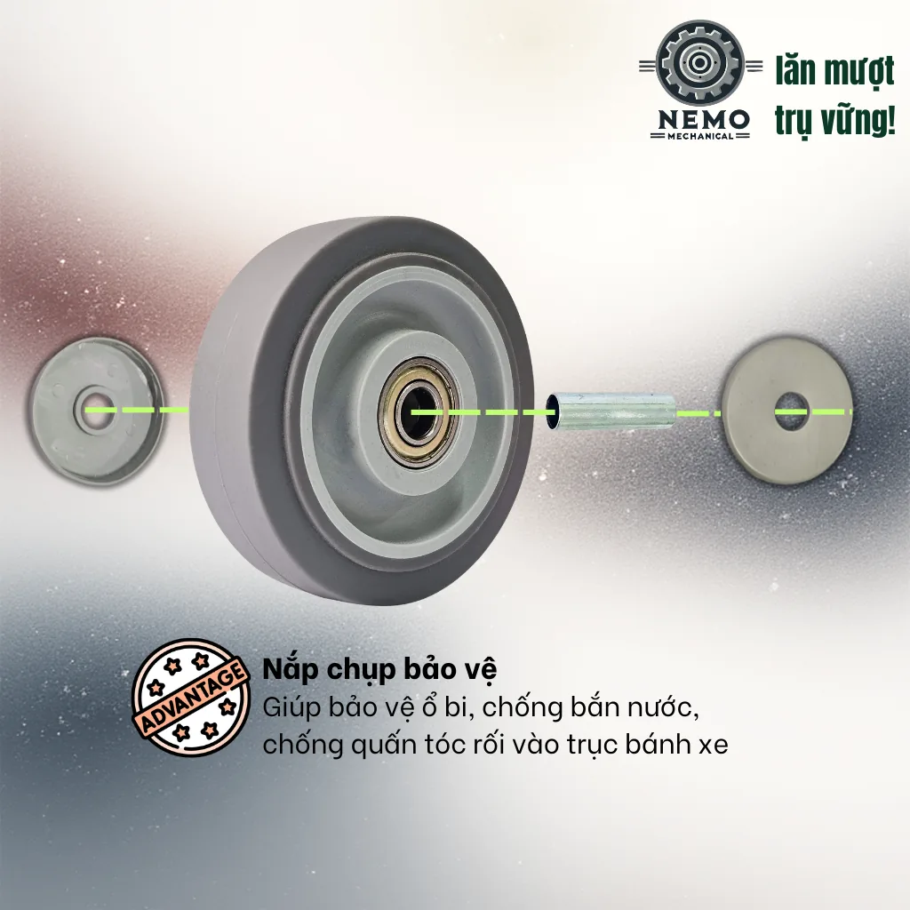 Bánh xe rời TPR xám mặt phẳng, không càng (có bạc đạn) banh roi tpr phang nap che - Cơ Khí Nemo