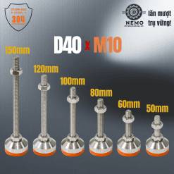Chân tăng chỉnh chịu tải Inox 304 đệm PVC M10 M12 – Chan tang chinh chiu tai inox Ren M10 D40 | Cơ Khí Nemo
