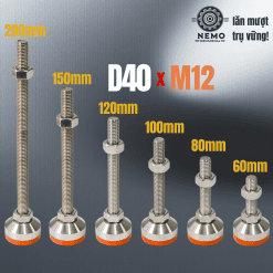 Chân tăng chỉnh chịu tải Inox 304 đệm PVC M10 M12 – Chan tang chinh chiu tai inox Ren M12 D40 | Cơ Khí Nemo