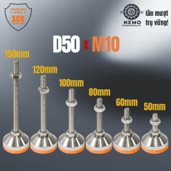 Chân tăng chỉnh chịu tải Inox 304 đệm PVC M10 M12 – Chan tang chinh chiu tai inox Ren M10 D50 | Cơ Khí Nemo
