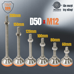 Chân tăng chỉnh chịu tải Inox 304 đệm PVC M10 M12 – Chan tang chinh chiu tai inox Ren M12 D50 | Cơ Khí Nemo