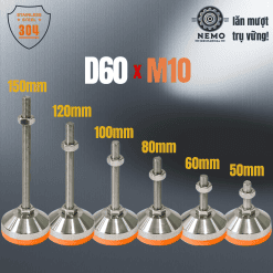 Chân tăng chỉnh chịu tải Inox 304 đệm PVC M10 M12 – Chan tang chinh chiu tai inox Ren M10 D60 | Cơ Khí Nemo