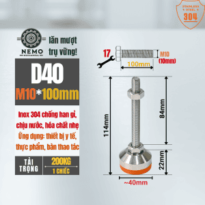 Chân Tăng Chỉnh Chịu Tải Inox 304 – Đệm PVC (M10, M12) – D40, M10, L100 | Cơ Khí Nemo