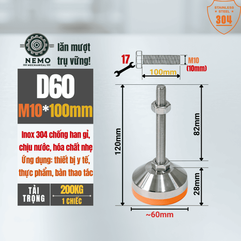 Chân Tăng Chỉnh Chịu Tải Inox 304 – Đệm PVC (M10, M12) – D60, M10, L100 | Cơ Khí Nemo