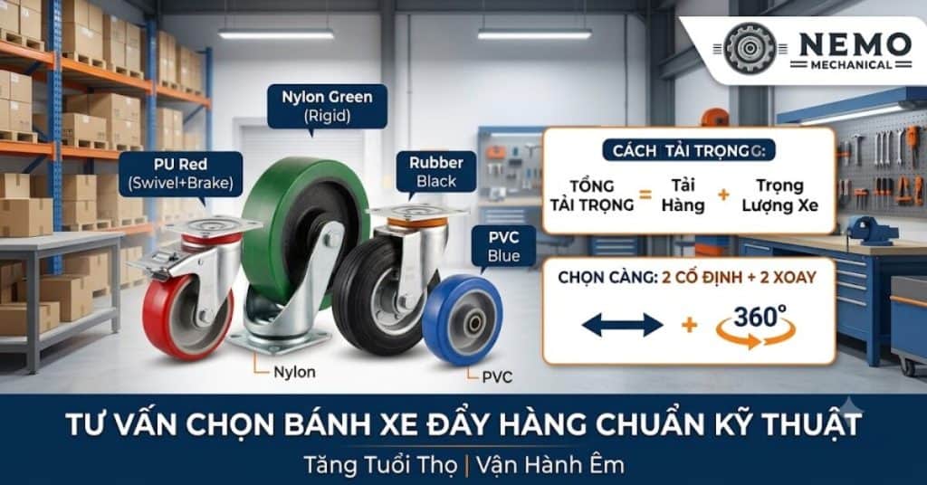 Hướng dẫn chọn bánh xe đẩy hàng chuẩn kỹ thuật cho xưởng, kho bãi - Cơ Khí Nemo