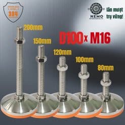 Chân tăng chỉnh chịu tải siêu nặng Inox 304 đường kính đế 100mm ren M16 - Cơ Khí Nemo