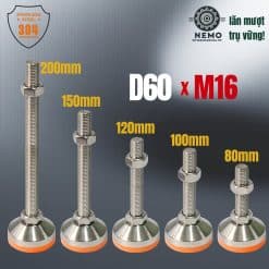 Chân tăng chỉnh chịu tải siêu nặng Inox 304 đường kính đế 60mm ren M16 - Cơ Khí Nemo