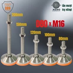 Chân tăng chỉnh chịu tải siêu nặng Inox 304 đường kính đế 80mm ren M16 - Cơ Khí Nemo